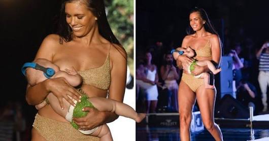 Podyumda hem bebegini emzirdi hem de yürüdü